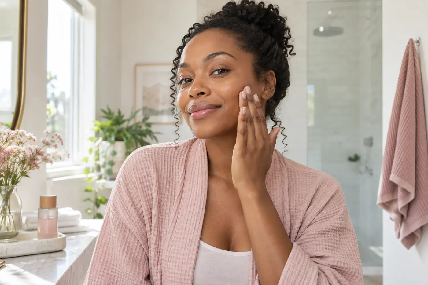 Woman gently pressing toner onto her cheek during a simple skincare routine
