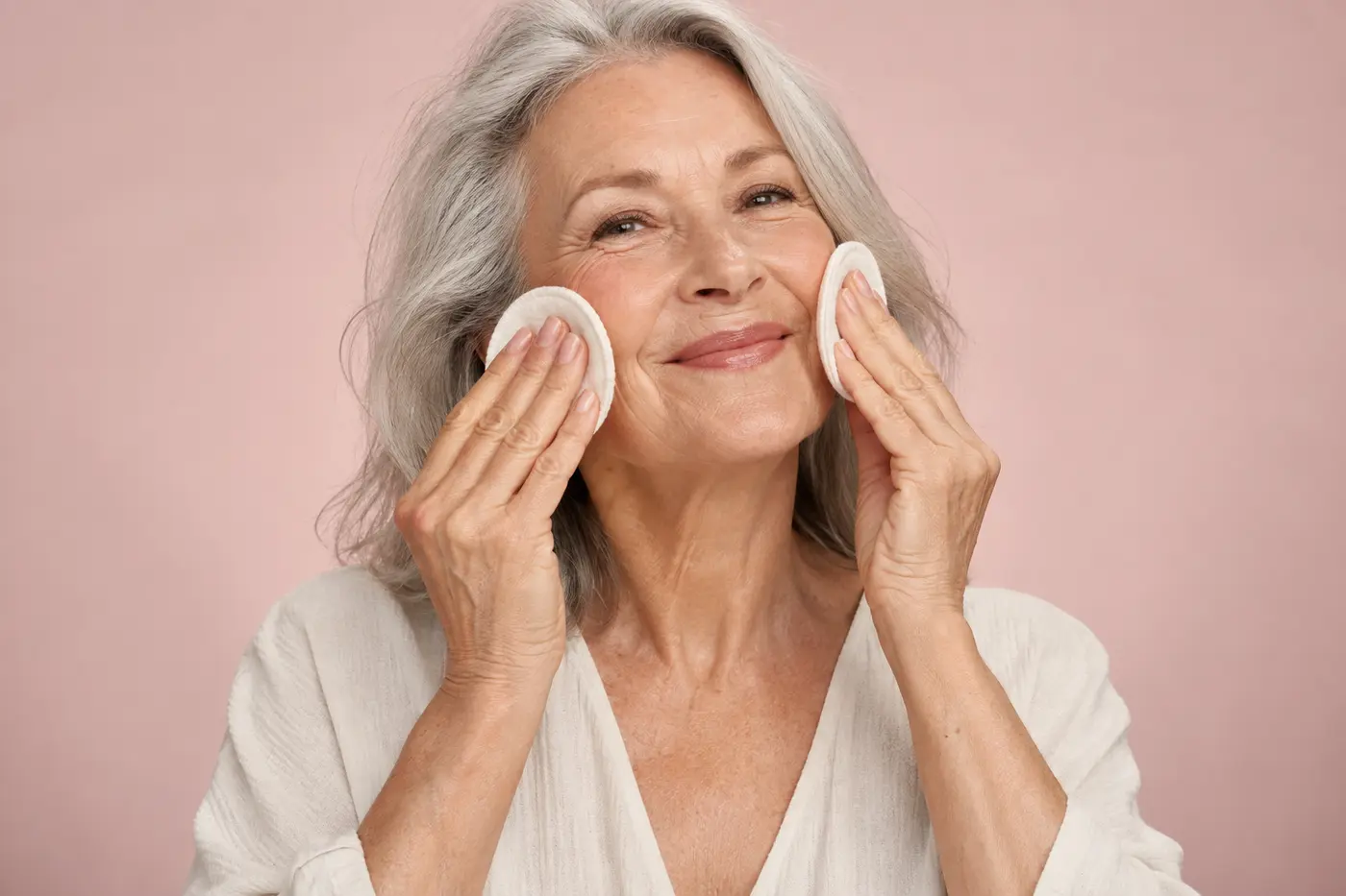 Mature woman smiling while gently applying toner with reusable cotton rounds