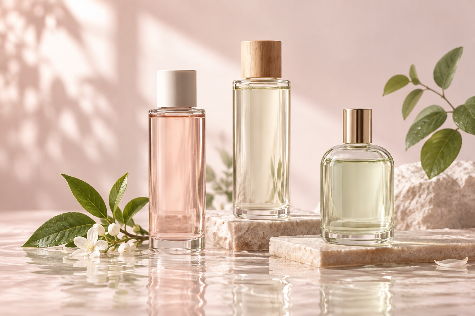 Three elegant glass toner bottles surrounded by fresh green leaves